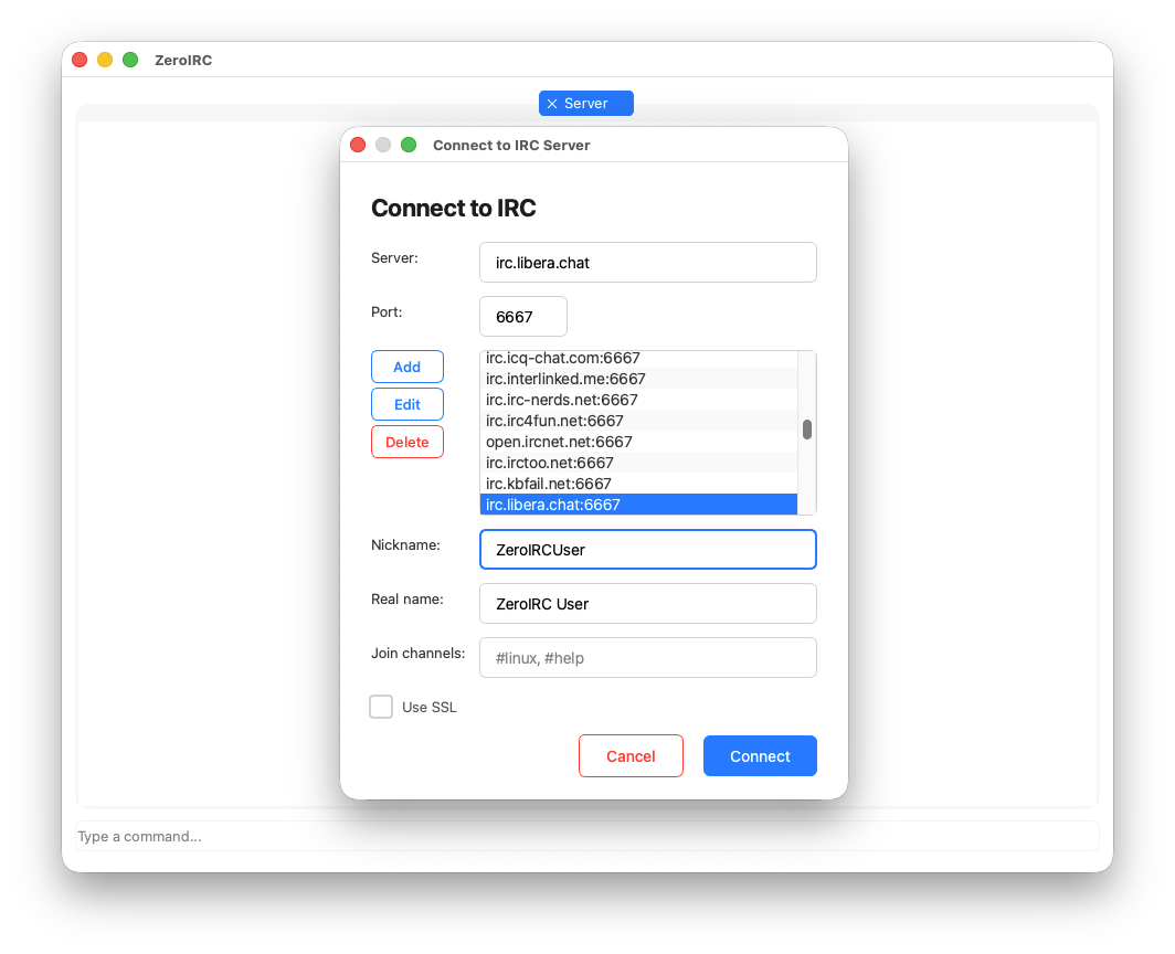 ZeroIRC main window interface