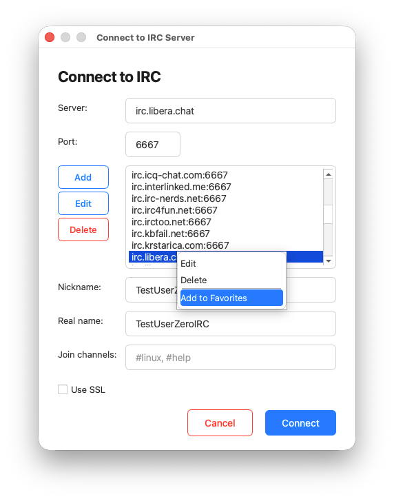 ZeroIRC 2.0 Add IRC server to favorites
