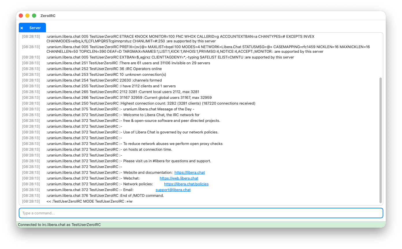 ZeroIRC 2.0 Status Bar connected